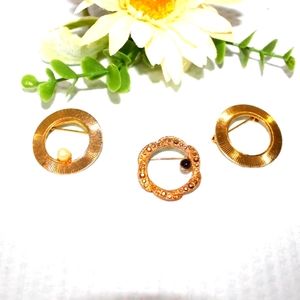3  Vintage Brooches Circle Ring Gold Beautiful!